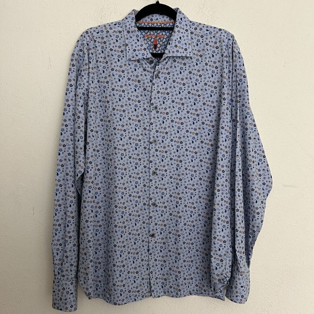Visconti Black Blue Floral Stars Long Sleeve Button Down Shirt Flip Cuff Size XL